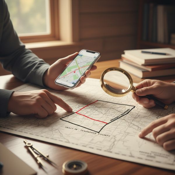 Hands pointing to property lines on a detailed county plat map.