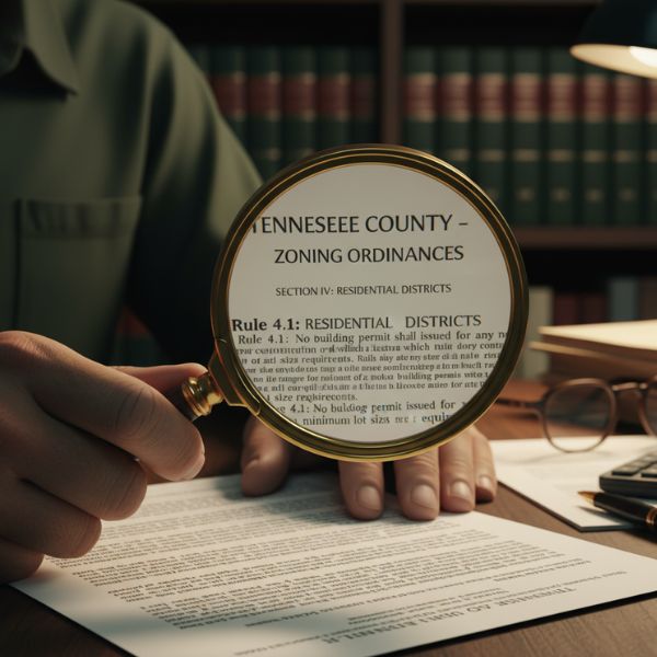 Magnifying glass examining legal text in a zoning document.