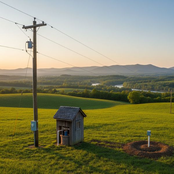Conceptual image showing utility hookups like water and electricity in a green field.