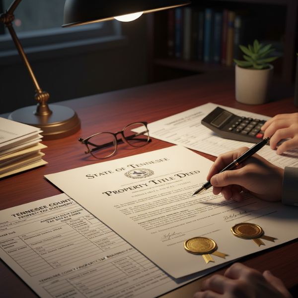 Close-up of a property title deed and tax paperwork.